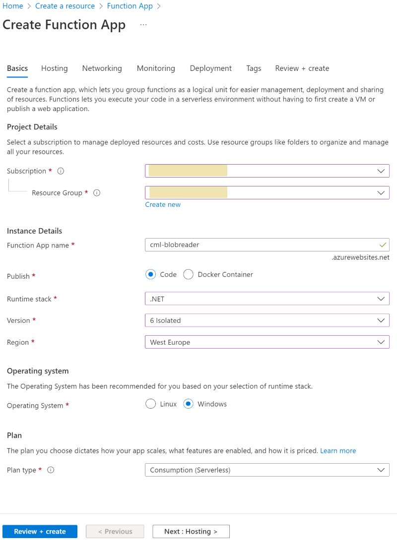 New Function App configuration